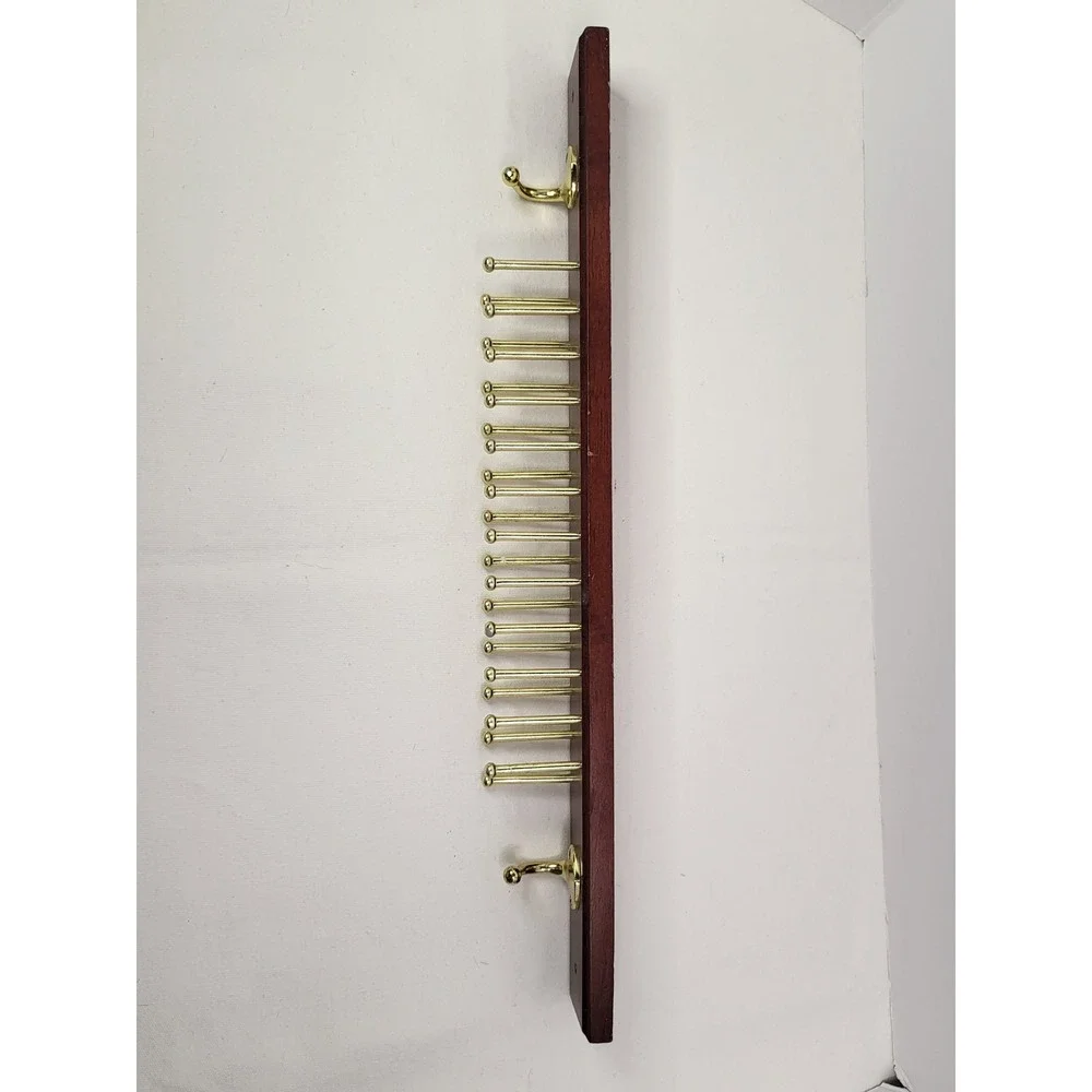 Wooden Tie and Belt Rack Wall Mount 20 Pegs 2 Hooks Mahogany Gold Tone Organizer